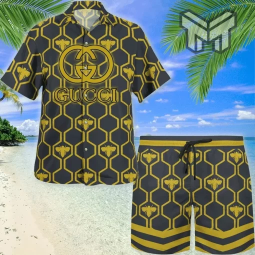 Introducing the Gucci Bee Black Hawaii Set. This set features a luxury brand Hawaiian shirt and shorts. The shirt is a vibrant black and features a colorful feather pattern on the front. The shorts are a comfortable, breathable cotton fabric that will keep you cool and comfortable during your vacation. The set is perfect for any occasion, and will make a statement on the island. Order now and experience the luxurious style of Gucci Bee!