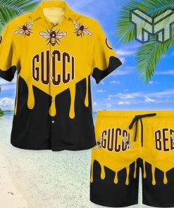 Gucci Bee Yellow Black Premium Hawaii Set Luxury Brand Fashion Hawaiian Shirt And Shorts