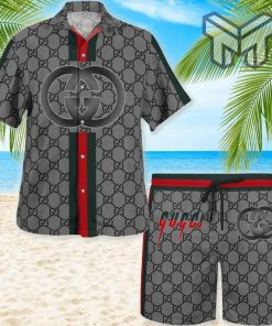 Gucci Grey Premium Hawaii Set Luxury Brand Fashion Hawaiian Shirt And Shorts