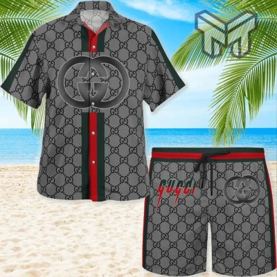 Gucci Grey Premium Hawaii Set Luxury Brand Fashion Hawaiian Shirt And Shorts