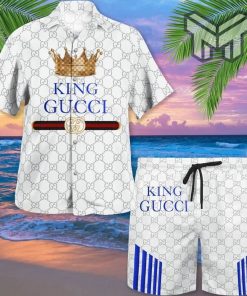 Gucci King White Premium Hawaii Set Luxury Brand Fashion Hawaiian Shirt And Shorts