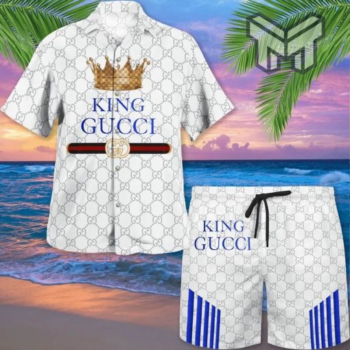 Gucci King White Premium Hawaii Set Luxury Brand Fashion Hawaiian Shirt And Shorts