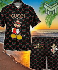 Gucci Mickey Mouse Disney Black Hawaii Set Luxury Brand Fashion Hawaiian Shirt And Shorts