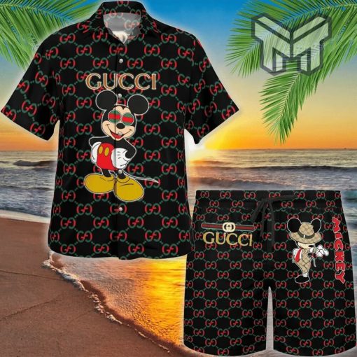 Gucci Mickey Mouse Disney Black Hawaii Set Luxury Brand Fashion Hawaiian Shirt And Shorts