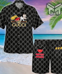 Gucci Mickey Mouse Disney Black Premium Hawaii Set Luxury Brand Fashion Hawaiian Shirt And Shorts