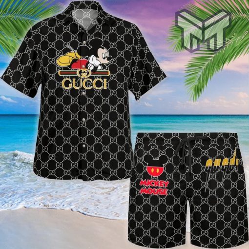 Gucci Mickey Mouse Disney Black Premium Hawaii Set Luxury Brand Fashion Hawaiian Shirt And Shorts