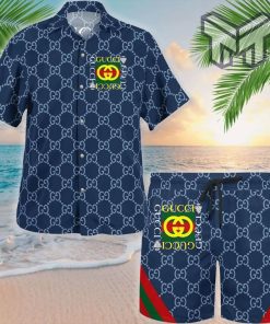 Gucci Navy Premium Hawaii Set Luxury Brand Fashion Hawaiian Shirt And Shorts