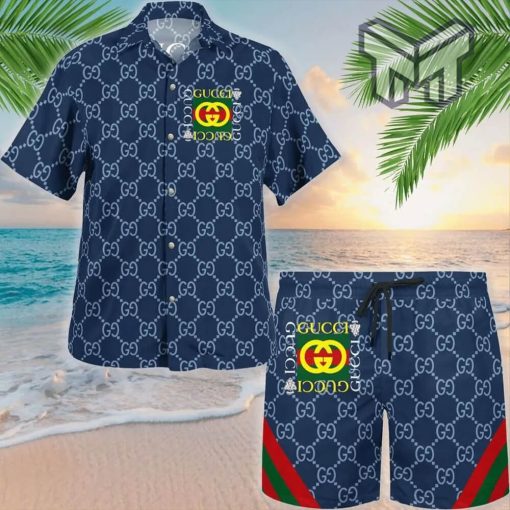 Gucci Navy Premium Hawaii Set Luxury Brand Fashion Hawaiian Shirt And Shorts