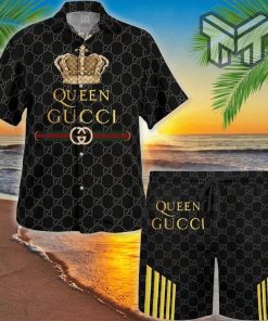 Gucci Queen Black Premium Hawaii Set Luxury Brand Fashion Hawaiian Shirt And Shorts