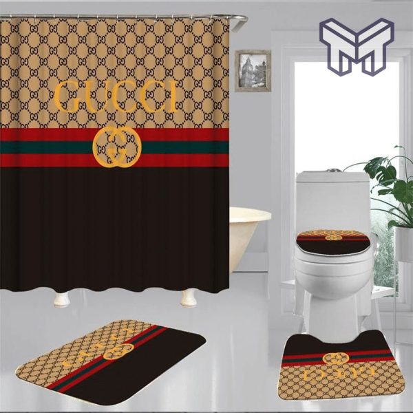 Gucci stripe bathroom set hot 2023 luxury shower curtain bath rug mat home decor