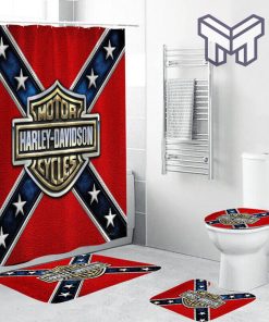 This Harley Davidson Bathroom Set With Shower Curtain is perfect for any fan of the bike! The shower curtain and rug toilet seat lid covers are both made from a rich, textured fabric that will add a touch of elegance to your bathroom. The set also includes a shower curtain, which is made from durable cotton fabric and features a rich, burgundy color. The toilet seat lid cover is also made from durable cotton fabric and features a black and gold design, making it the perfect accessory for any bathroom.