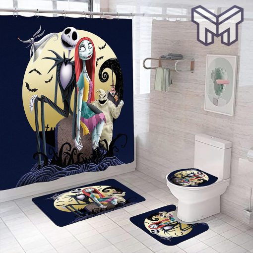 Jack Skellington and Sally Happy Halloween Bathroom Set With Shower Curtain Shower Curtain And Rug Toilet Seat Lid Covers Bathroom Set