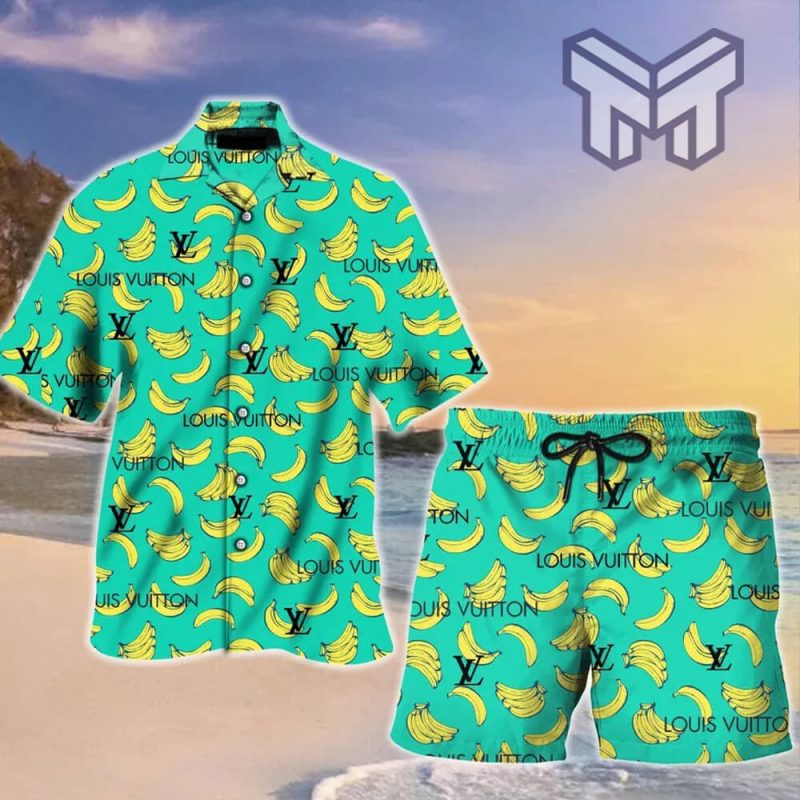 Louis Vuitton Yellow Black Pattern Luxury Brand Fashion Hawaiian Shirt And  Shorts - Muranotex Store