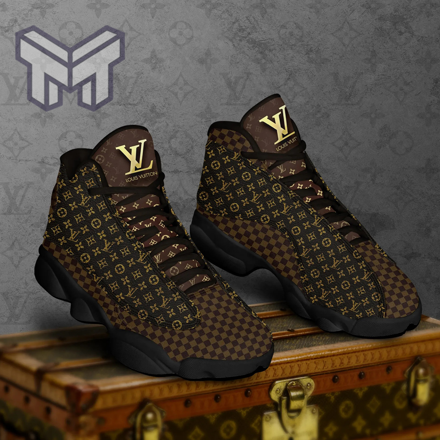 Louis Vuitton Supreme Black Gold Pattern Air Jordan 13 Sneaker