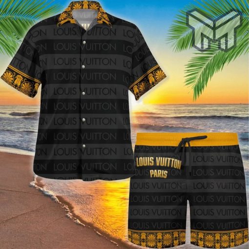 Louis Vuitton Grey Black Yellow Luxury Brand Fashion Hawaiian Shirt And Shorts