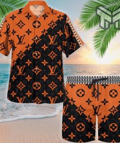 Louis Vuitton Orange Black Luxury Brand Premium Fashion Hawaiian Shirt And Shorts