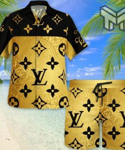 Louis Vuitton Yellow Black Pattern Luxury Brand Fashion Hawaiian Shirt And Shorts