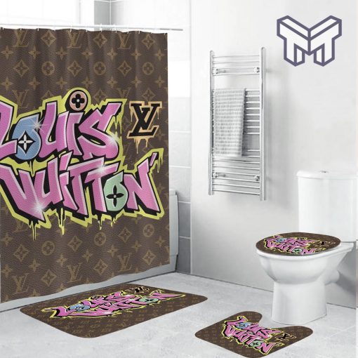 Louis vuitton lv bathroom set hot 2023 luxury shower curtain bath rug mat home decor