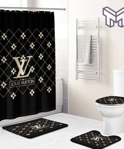 Louis vuitton lv dark bathroom set hot 2023 luxury shower curtain bath rug mat home decor