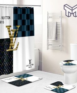 Louis vuitton lv golden bathroom set hot 2023 luxury shower curtain bath rug mat home decor