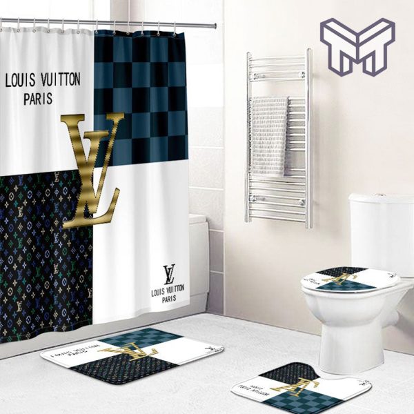 Louis vuitton lv golden bathroom set hot 2023 luxury shower curtain bath rug mat home decor
