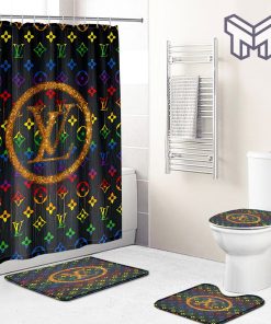 Louis vuitton lv rainbow bathroom set hot 2023 luxury shower curtain bath rug mat home decor