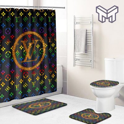 Louis vuitton lv rainbow bathroom set hot 2023 luxury shower curtain bath rug mat home decor