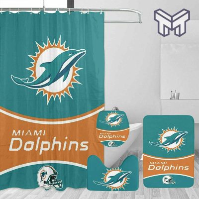 Miami Dolphins Logo Waterproof Shower Curtain Non-Slip Toilet Lid Cover Bath Mat - Bathroom Set Gifts For Fans