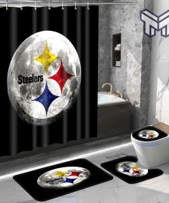 Pittsburgh Steelers 10 Logo Moon Shower Curtain Non-Slip Toilet Lid Cover Bath Mat - Bathroom Set