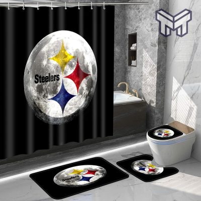 Pittsburgh Steelers 10 Logo Moon Shower Curtain Non-Slip Toilet Lid Cover Bath Mat - Bathroom Set