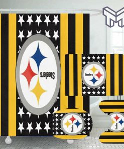 Pittsburgh Steelers Logo 2 USA Flag Background Shower Curtain Non-Slip Toilet Lid Cover Bath Mat - Bathroom Set Gifts For Fans