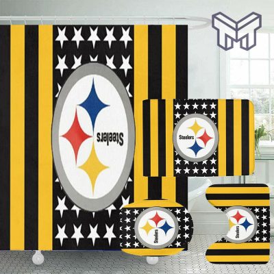 Pittsburgh Steelers Logo 2 USA Flag Background Shower Curtain Non-Slip Toilet Lid Cover Bath Mat - Bathroom Set Gifts For Fans