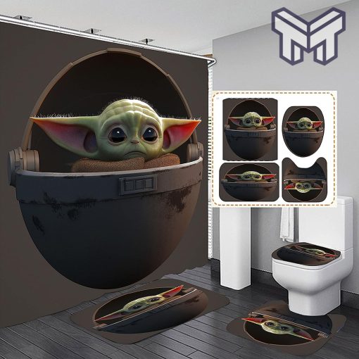 Yoda Star Wars Bathroom 4 Pieces Set Shower Curtain, Toilet Lid Cover and Bath Mat, Non-Slip Rugs
