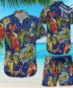 Dragon Hawaiian Shirt Funny Dragon With Cocktail Galaxy Background Hawaii Shirt Dragon Gifts