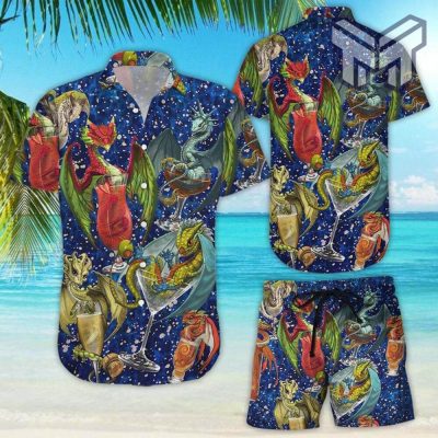 Dragon Hawaiian Shirt Funny Dragon With Cocktail Galaxy Background Hawaii Shirt Dragon Gifts