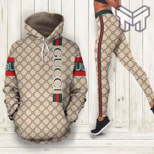 Gucci red and green stripe all over print hoodie and leggings set hot 2023