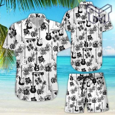 Guitar Hawaiian Shirt Black Electric Guitar And Pineapple Pattern White Hawaii Shirt Gifts For Guitar Players