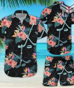 Hockey Hawaii Shirt Blue Hockey With Colorful Floral Tropical Hawaii Shirt Gifts For Golf Players