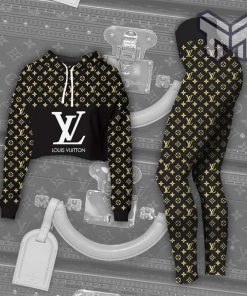 Louis vuitton black gold croptop hoodie leggings for women luxury brand lv clothing clothes outfit hot 2023