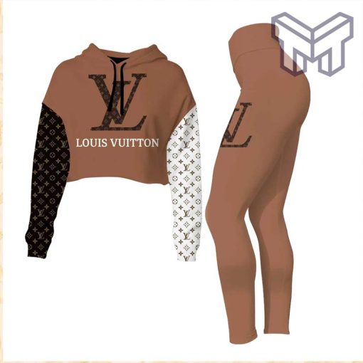 Louis vuitton brown croptop hoodie leggings for women luxury brand lv clothing clothes outfit hot 2023