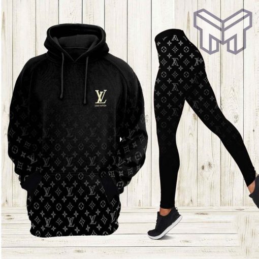 Louis vuitton luxury brand black gradient 3d hoodie leggings set lv gift hot 2023