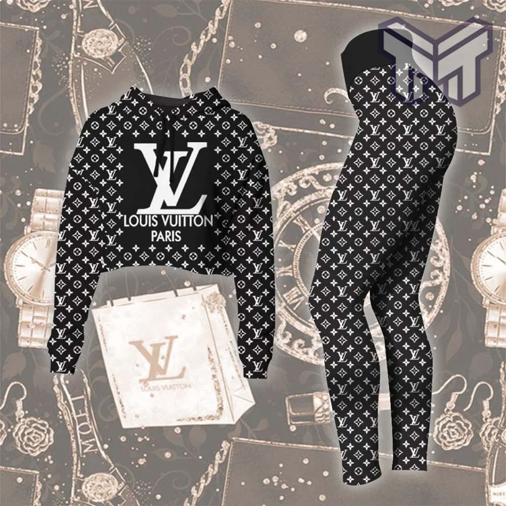 Louis Vuitton Black Croptop Hoodie Leggings For Women Luxury Brand