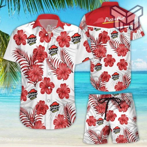 Pizza Hut Tropical Flower Aloha Hawaiian Shirts and short Summer Hawaiian Beach day 3D Hawaiian Shirt