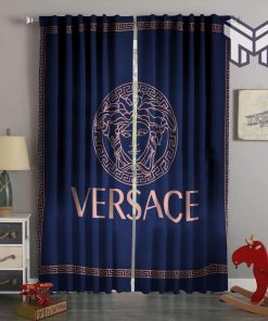 Versace Blue Fashion Logo Luxury Brand Window Curtain For Living Room, Luxury Curtain Bedroom For Home Decoration