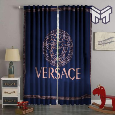Versace Blue Fashion Logo Luxury Brand Window Curtain For Living Room, Luxury Curtain Bedroom For Home Decoration
