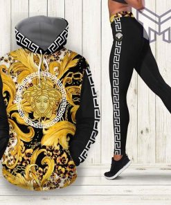 Versace black gold pattern 3d hoodie and leggings set hot 2023