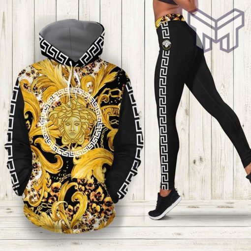 Versace black gold pattern 3d hoodie and leggings set hot 2023