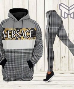 Versace grey white plaid pattern 3d hoodie and leggings set hot 2023