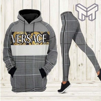 Versace grey white plaid pattern 3d hoodie and leggings set hot 2023