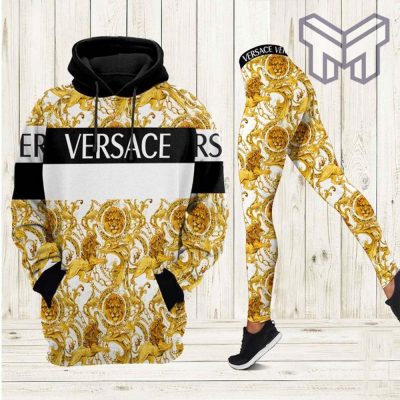 Versace luxury brand black and white stripe 3d hoodie and leggings set hot 2023